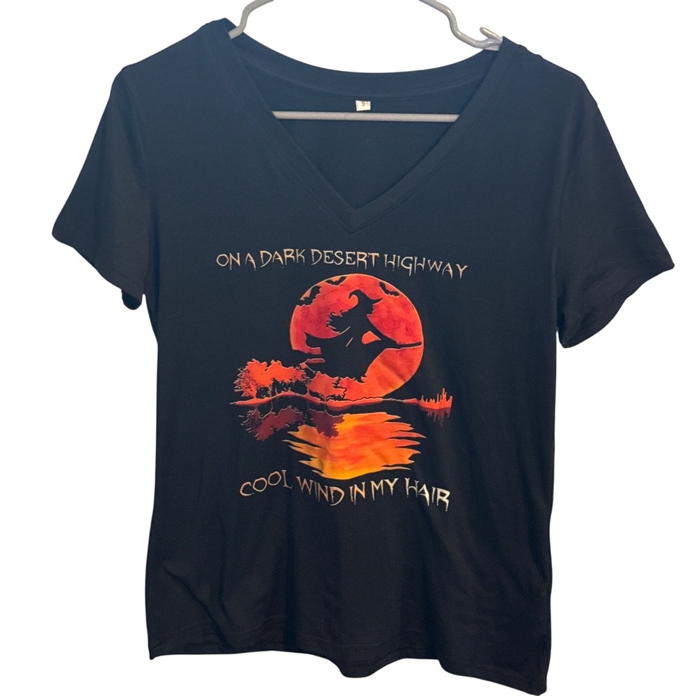 Witch Graphic T-Shirt Dark Desert Highway Eagles Lyrics Black V-Neck Size S